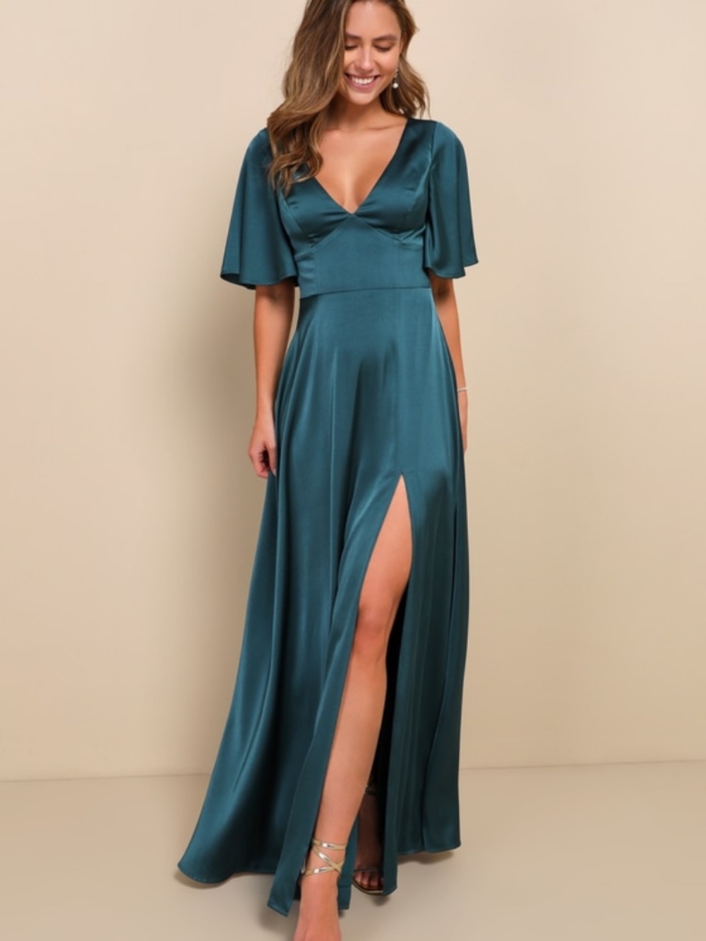 Lulus Elegant Confidence Teal Satin Flutter Sleeve Cutout Maxi Dress Blue